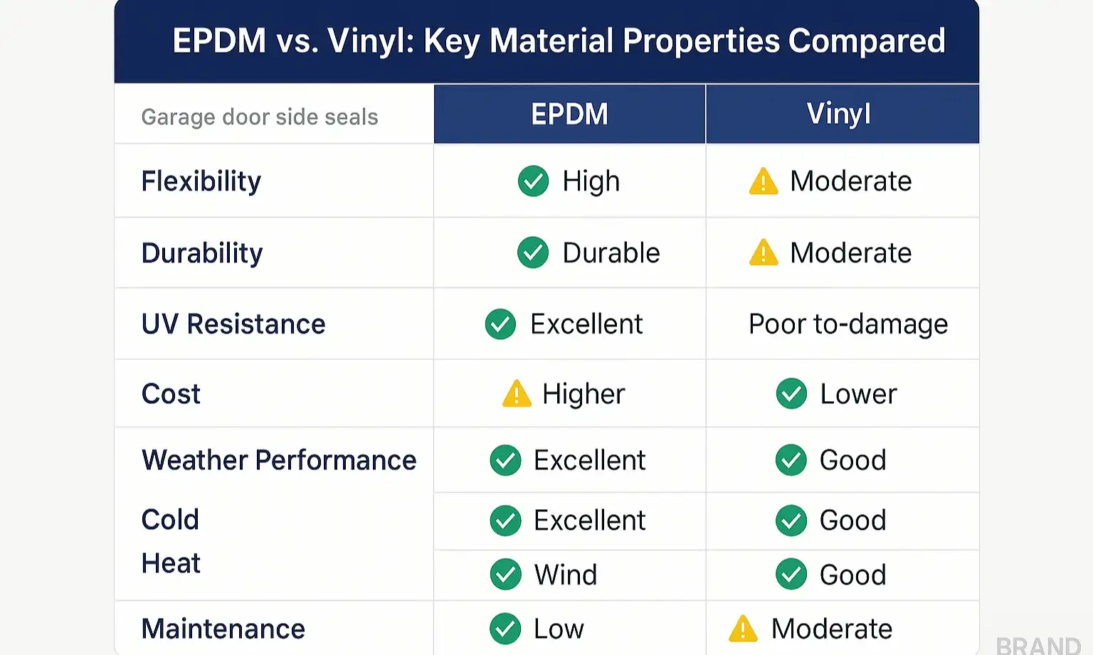 At a glance: Compare EPDM and Vinyl garage door seals on vital properties to match your extreme weather needs confidently.