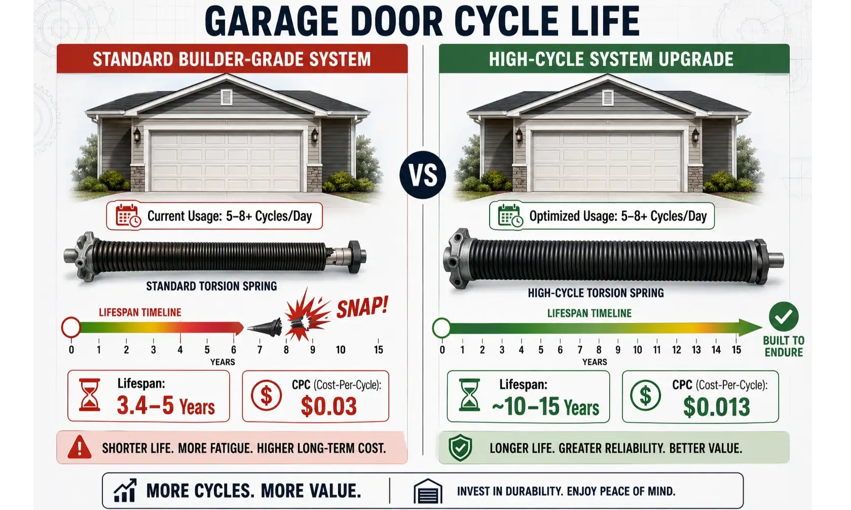 Visualizing how increased daily garage door usage shortens standard spring lifespan, while high-cycle springs extend usable life dramatically, empowering homeowners to make smart upgrade decisions.
