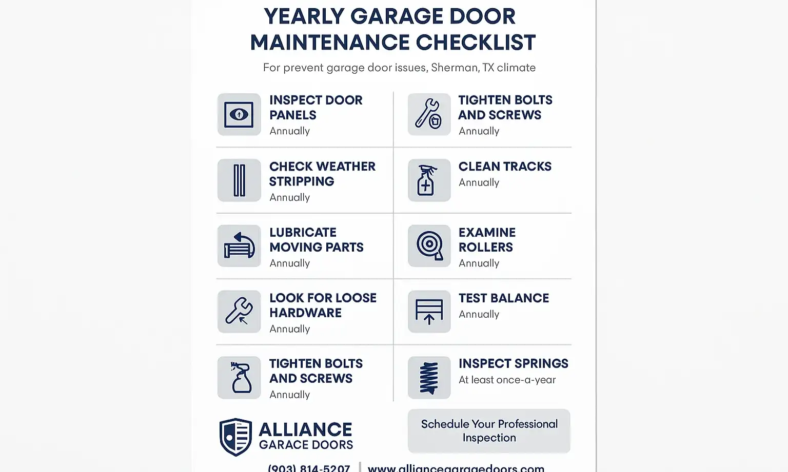 Prevent expensive repairs with this simple yearly checklist tailored to Sherman’s unique needs — maintain your garage door with confidence.