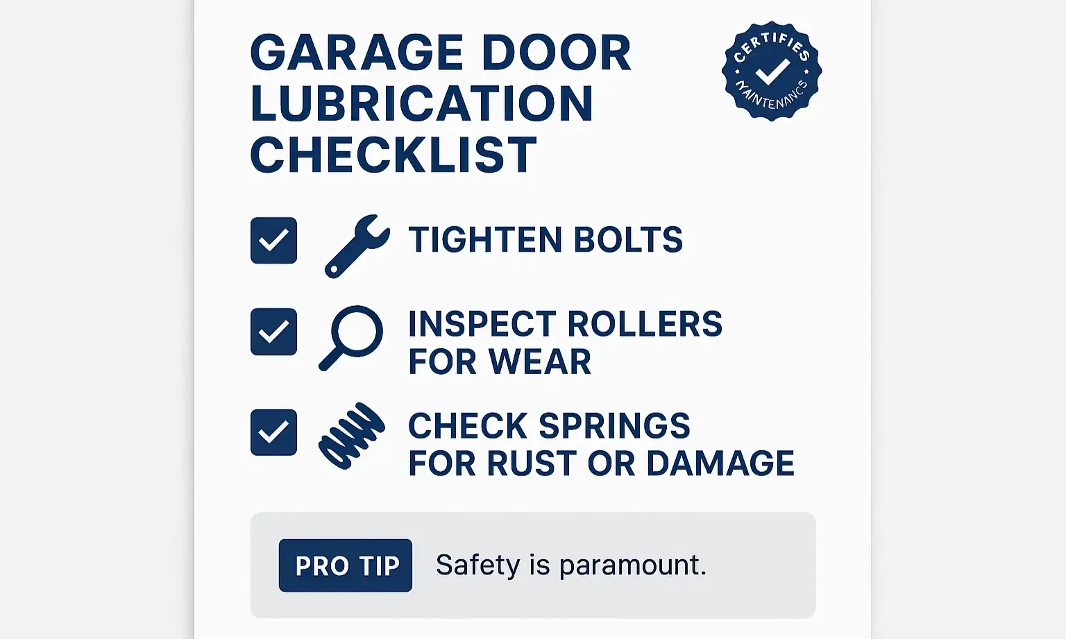 Pre-lubrication checklist helps users prepare garage doors correctly and avoid costly mistakes.
