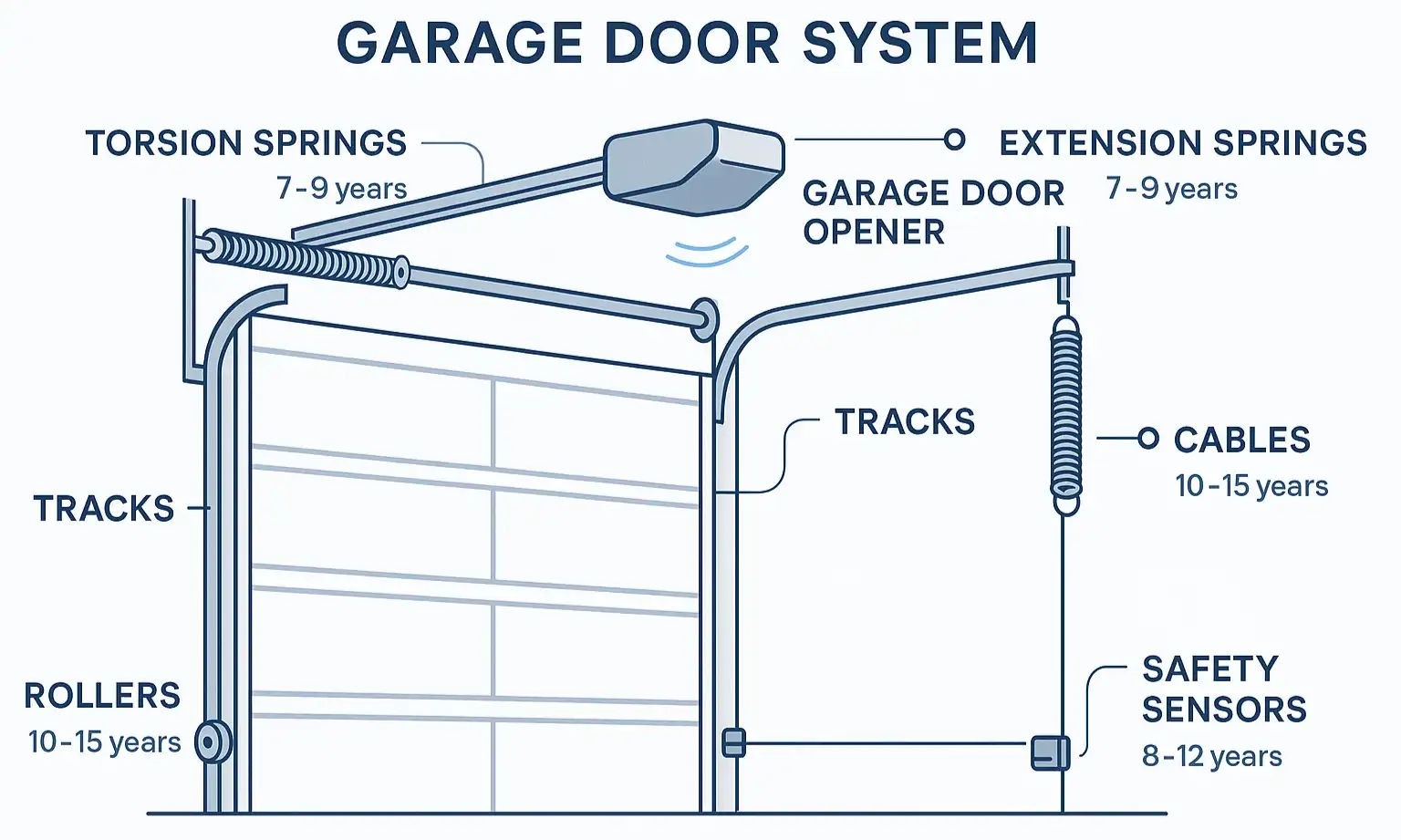 Visual glossary clarifying each garage door part's function and typical lifespan to empower confident evaluation of repair needs.