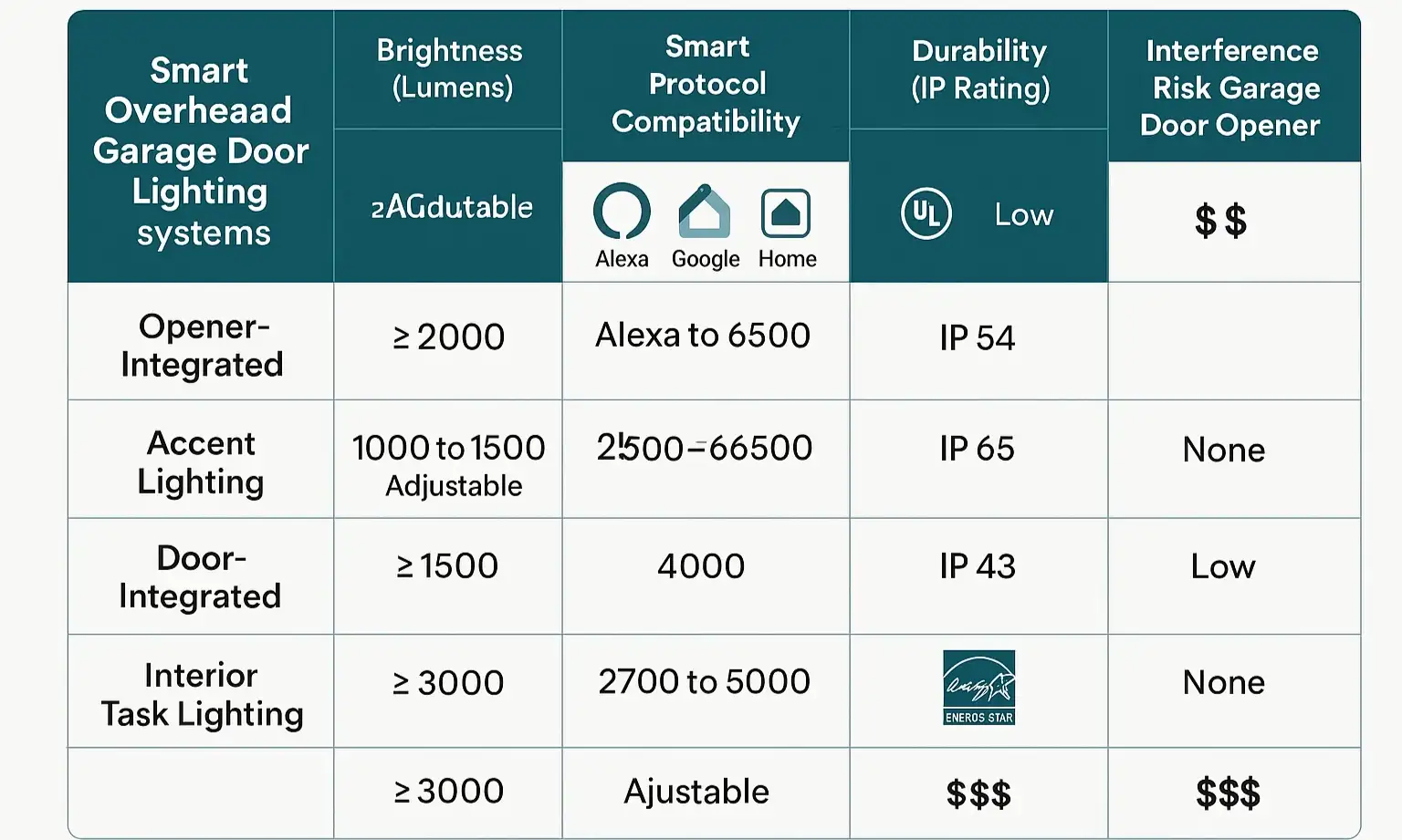 Feature comparison of smart garage lighting options to choose the ideal system.