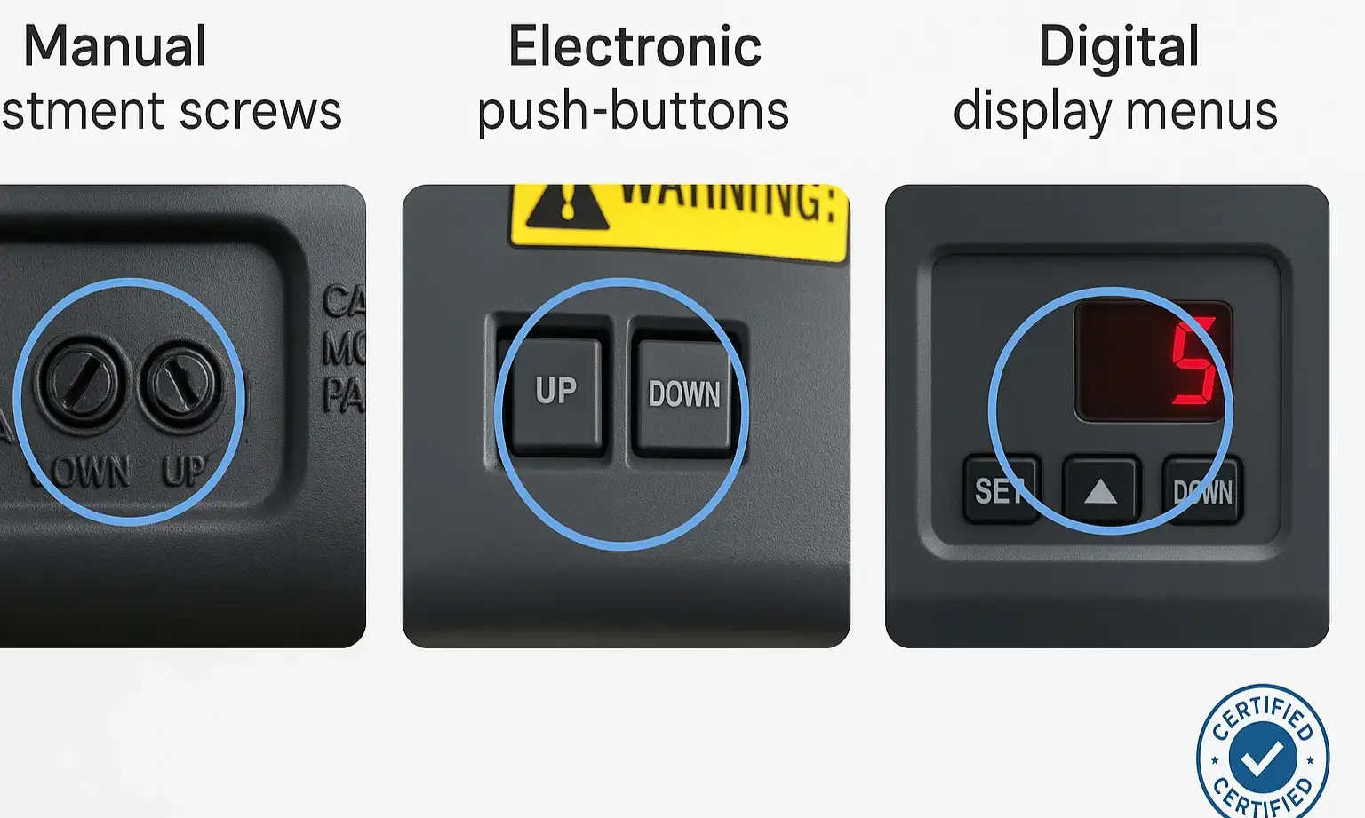 Compare the three major garage door opener adjustment types side-by-side to quickly identify your model’s mechanism before proceeding with calibration