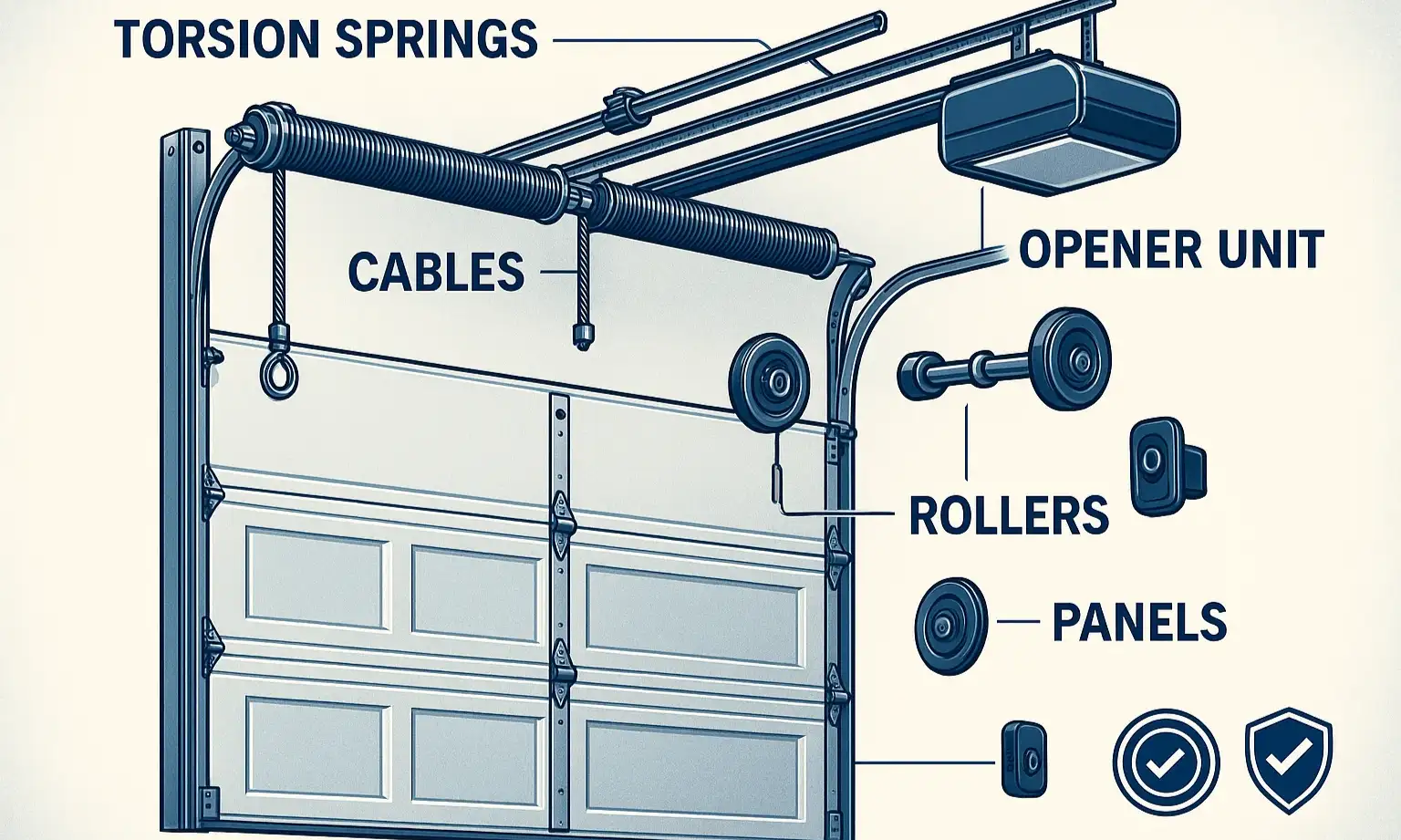 Diagram of a garage door mechanism with labeled parts