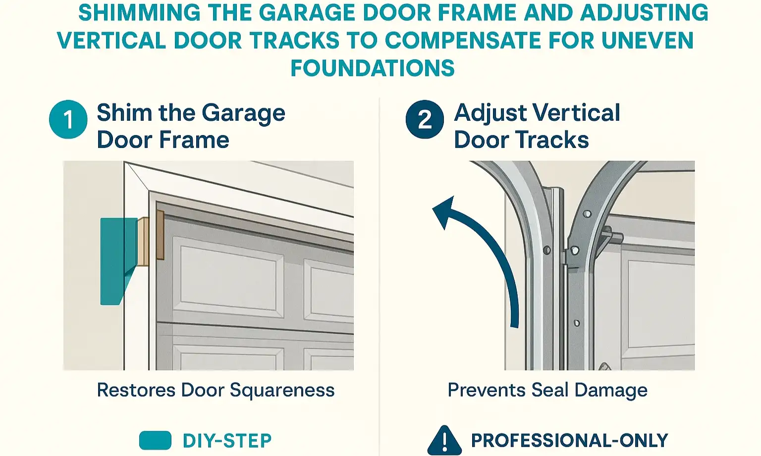 Illustration showing how to shim a garage door frame and adjust the vertical track to correct structural shifts.