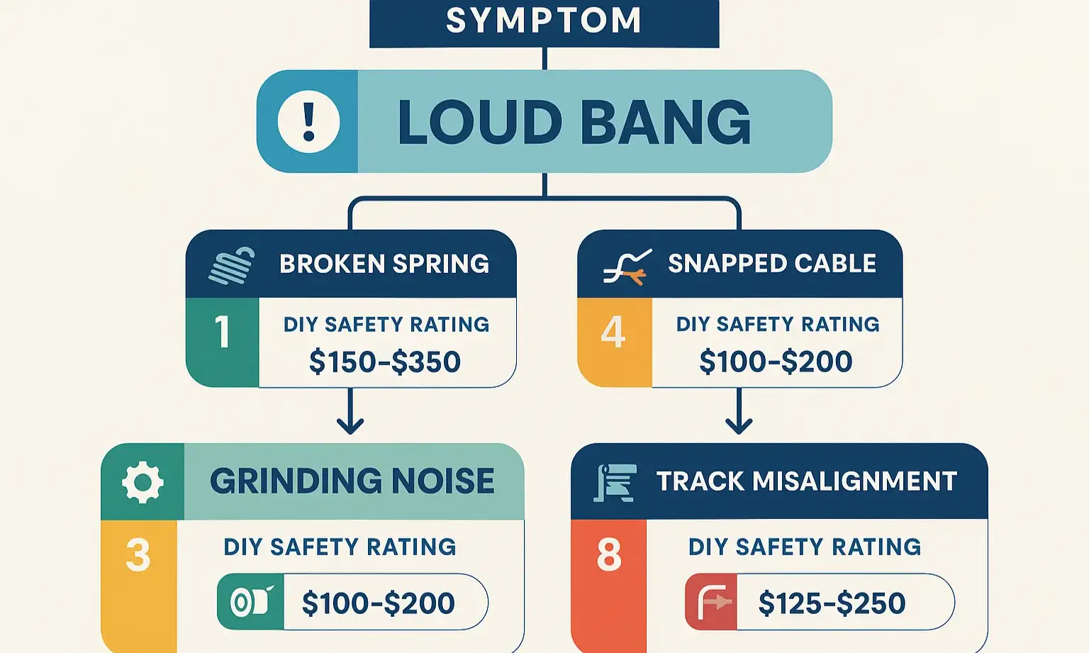 Infographic shows common garage door symptoms with safety levels and cost estimates.