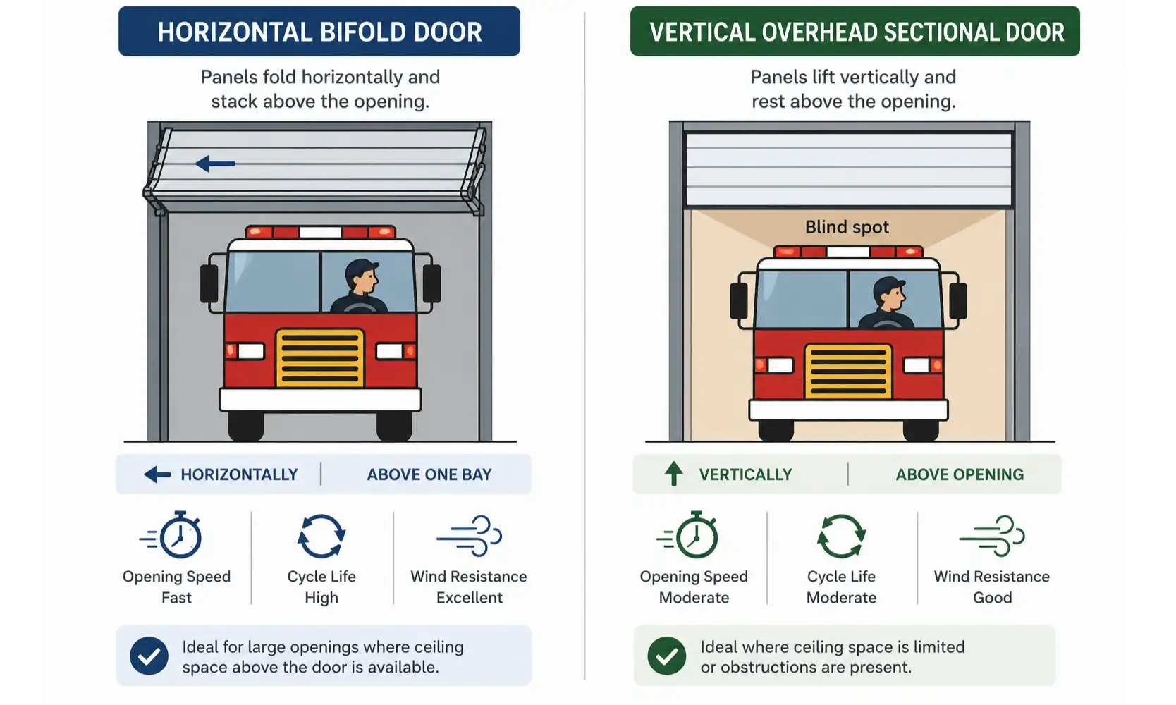 This illustration visualizes how horizontal bifold doors maintain driver visibility during emergency exits, reducing collision risk compared to traditional overhead sectional doors.