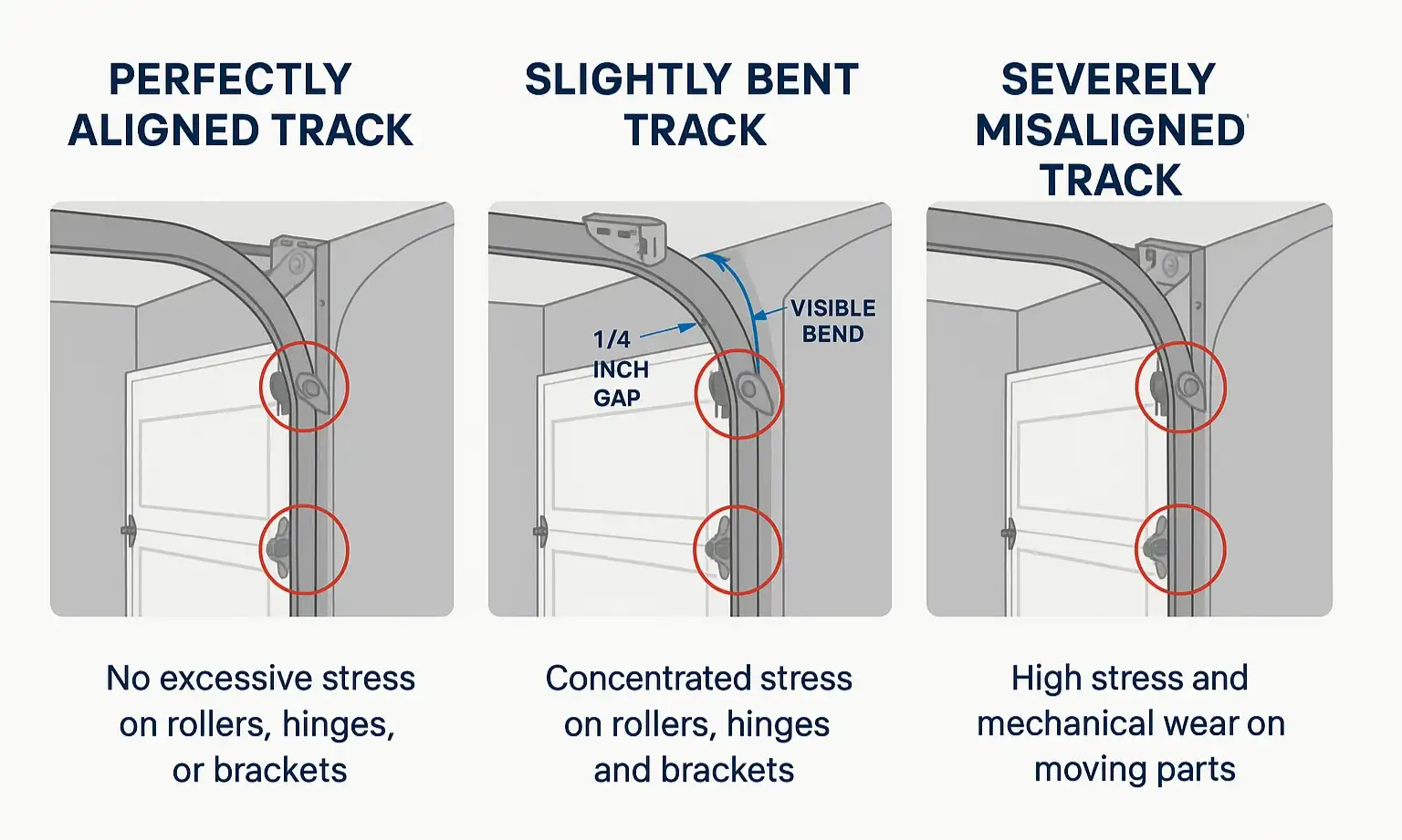 Visual comparison shows how small track flaws increase stress and signal when professional repair is needed.