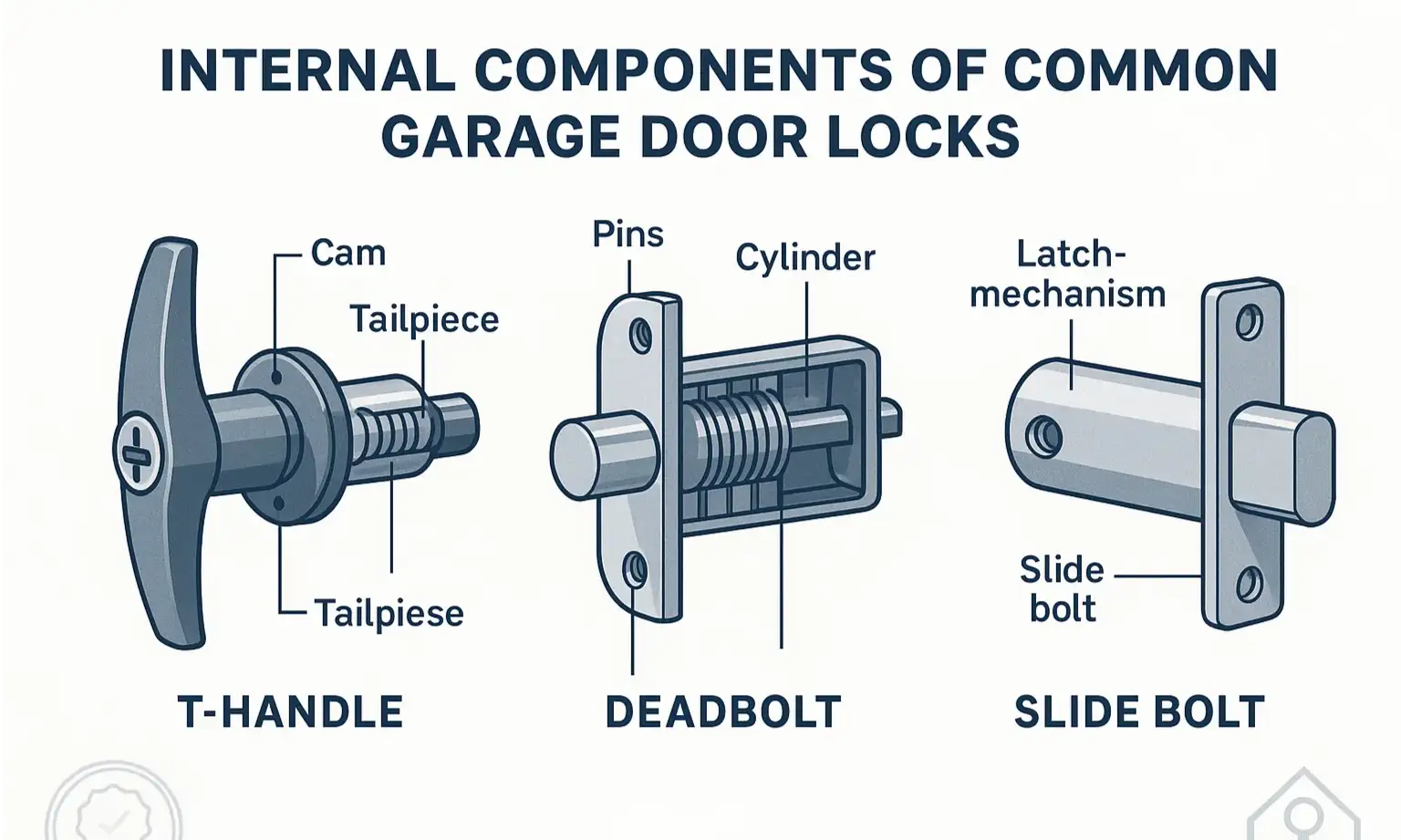 Diagram showing the internal components of various garage door lock types, including a T-handle with its cam, a slide bolt, and a cylinder deadbolt.