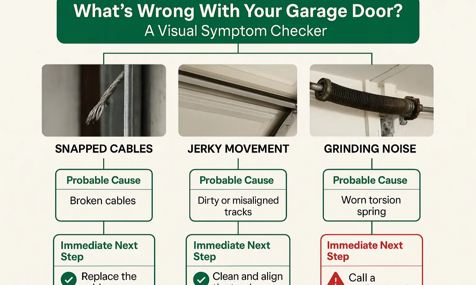 Visual guide shows common garage door problems to help homeowners diagnose issues.