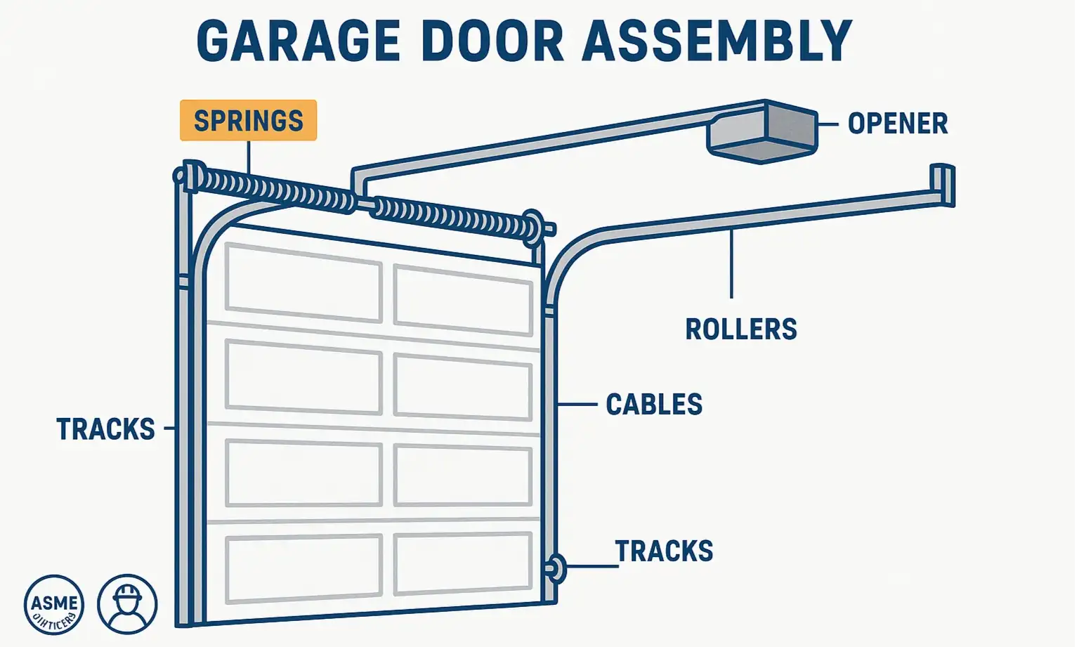 A clear, annotated diagram showing a garage door's main components: Torsion Springs, Opener, Rollers, Cables, and Tracks