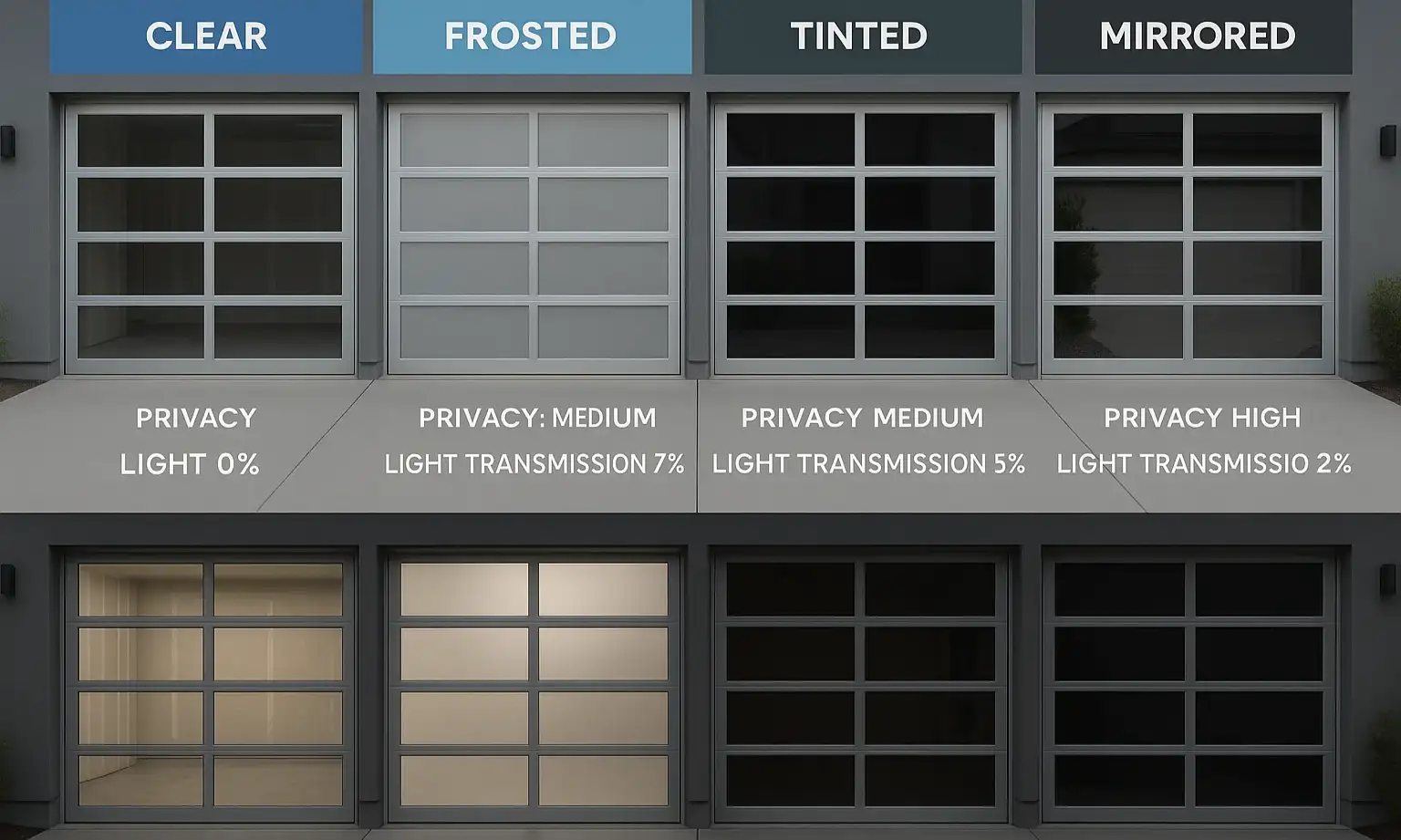 Compare garage door glass privacy and light levels day and night