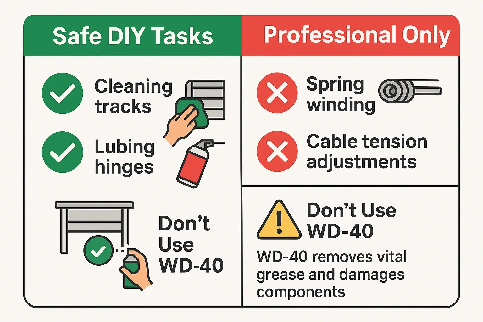 A simple, visual safety protocol helping homeowners distinguish what garage door maintenance is safe to do themselves and what requires professional expertise, while warning against harmful WD-40 use.