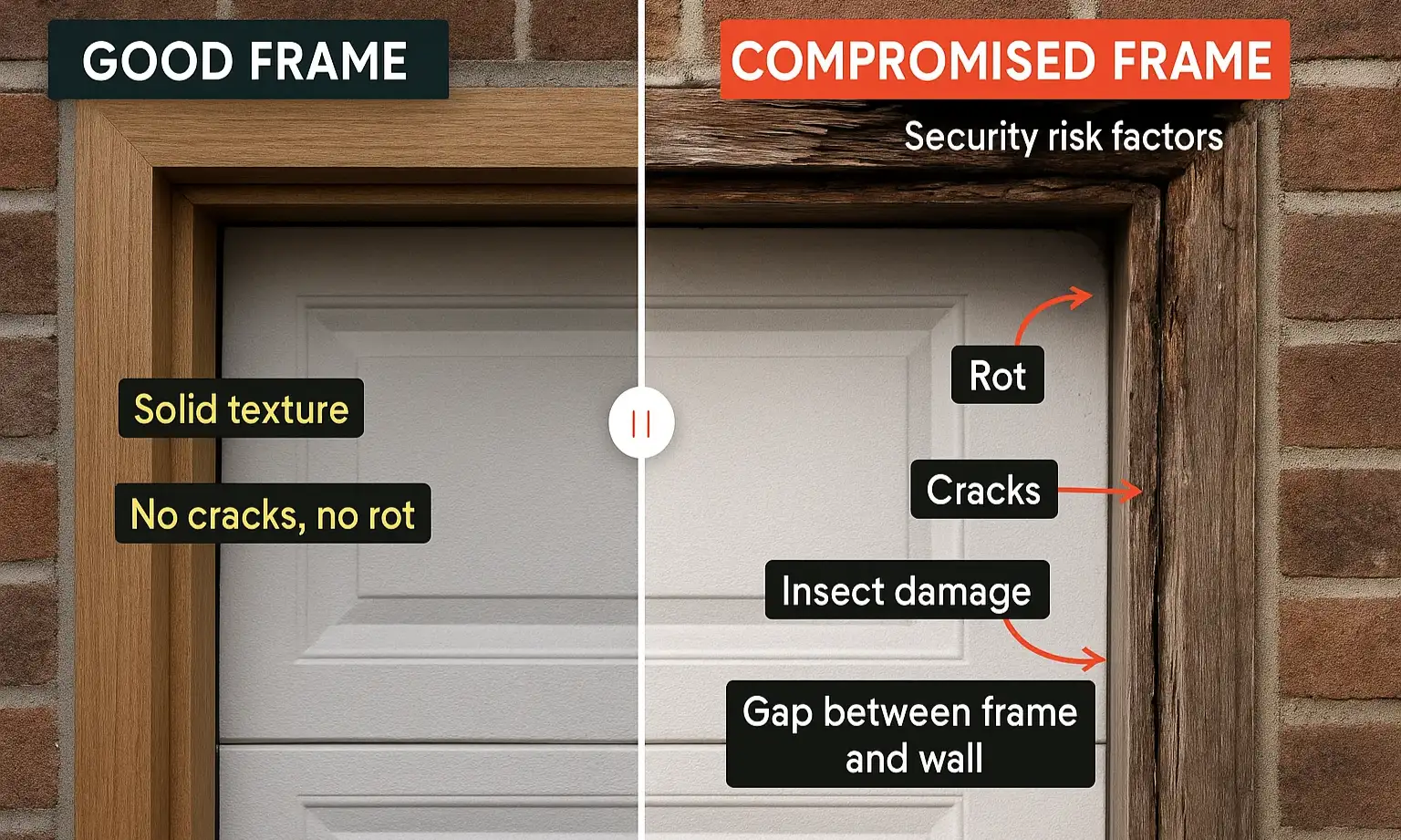 An image comparing a healthy, solid garage door frame next to one with visible rot, cracks, and peeling paint at the base.