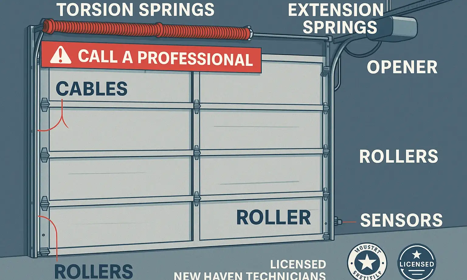 Annotated diagram of a garage door system highlighting springs, cables, rollers, tracks, panels, and opener.