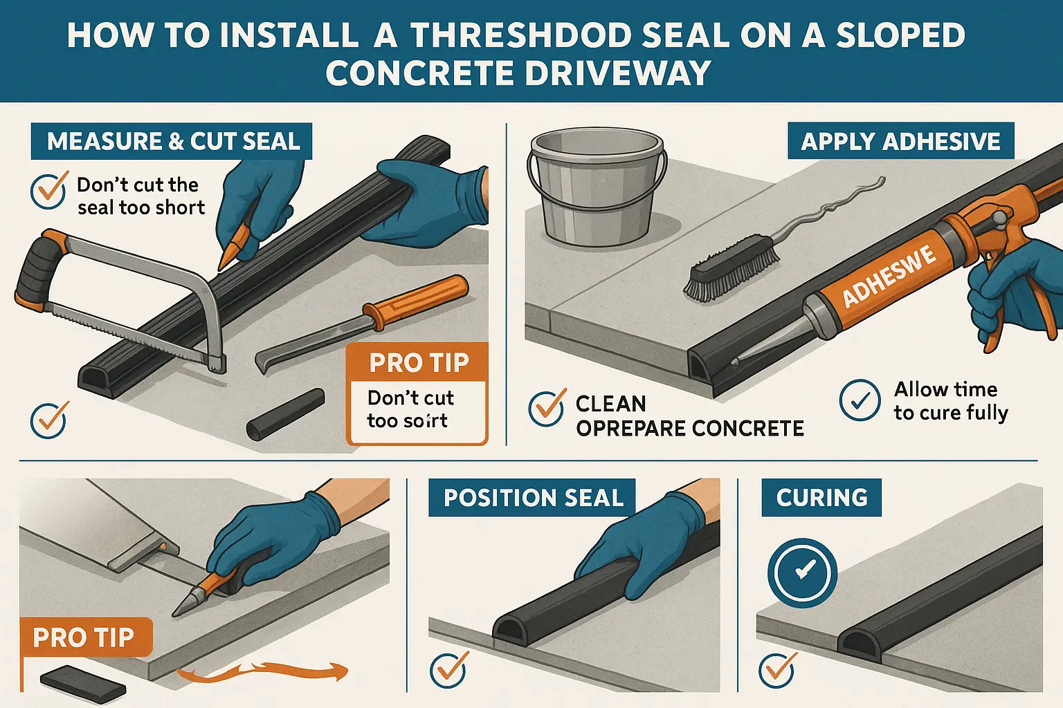 An infographic with icons and short text answering frequently asked questions about garage door seals, such as "What if I still see light?", "How long does a seal last?", and "Can I use it on cracked concrete?".