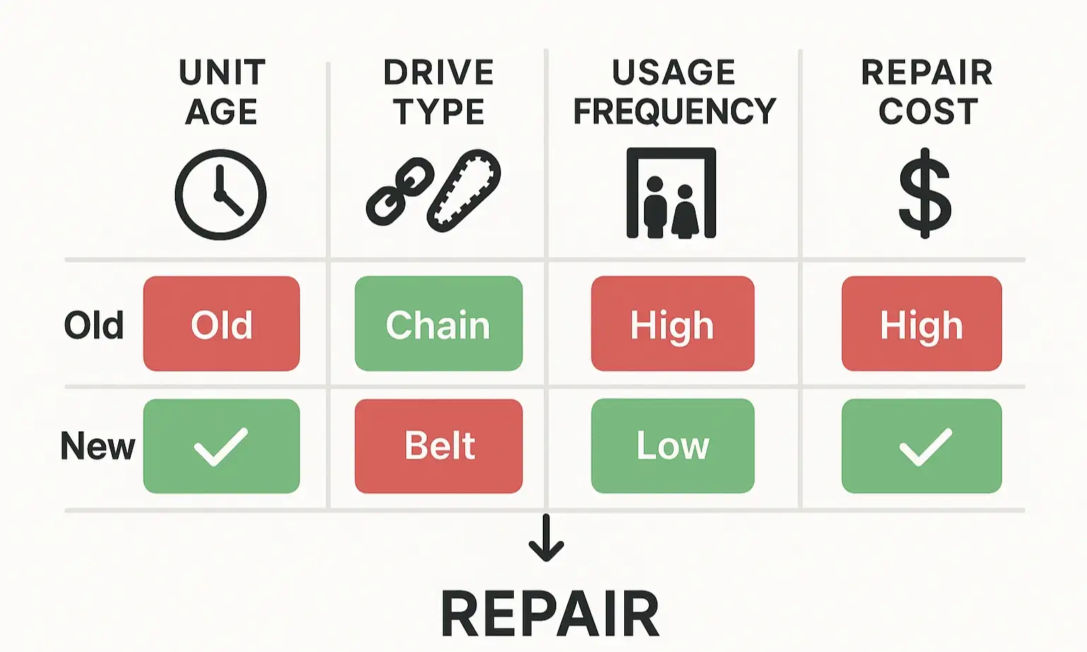 This decision matrix visually simplifies the complex choice between repairing or replacing a vintage garage door opener by scoring critical factors, helping homeowners confidently decide based on practical criteria.