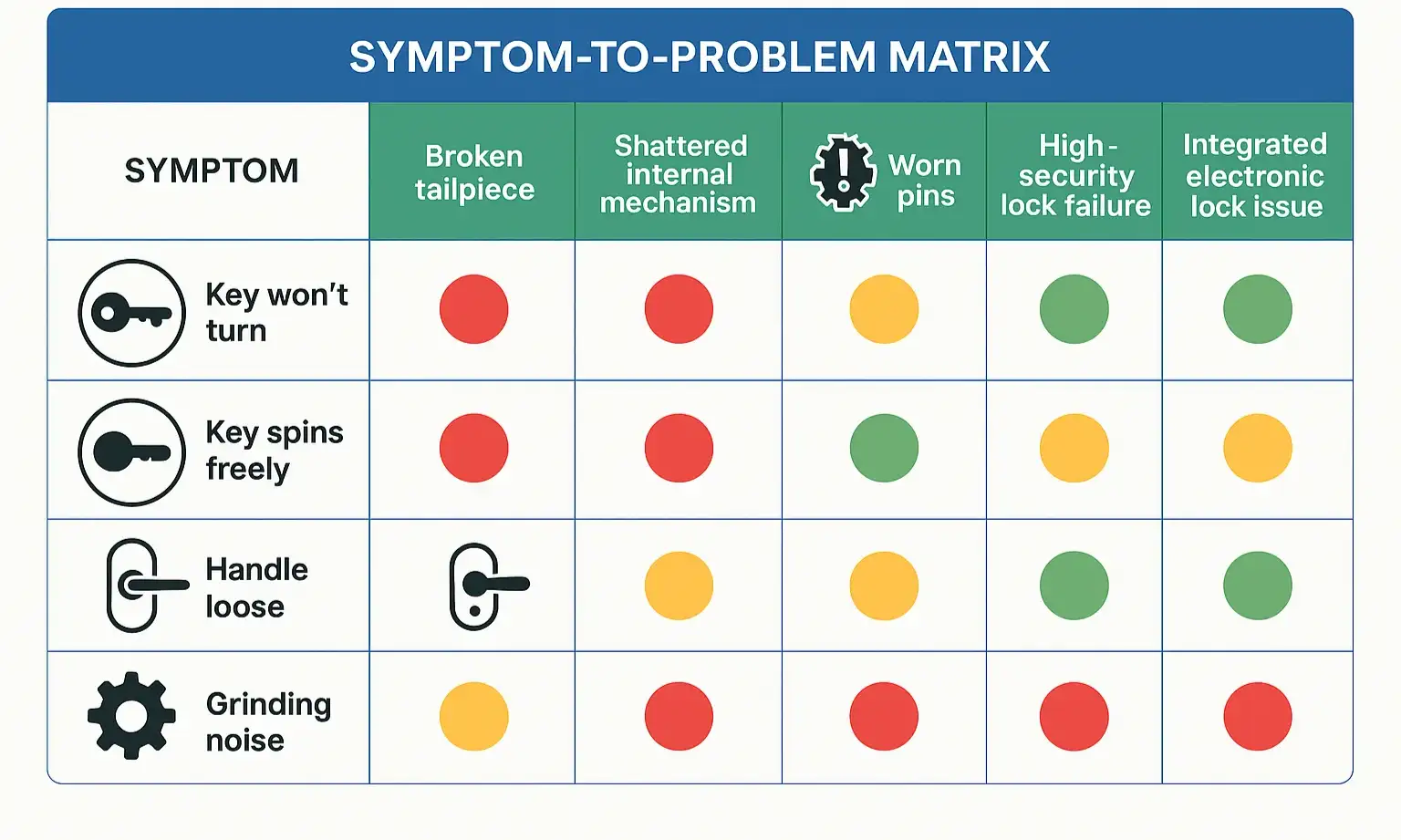 “Garage Door Lock Symptom Checker” flowchart linking common issues to causes with color-coded actions: DIY, caution, or call a pro.