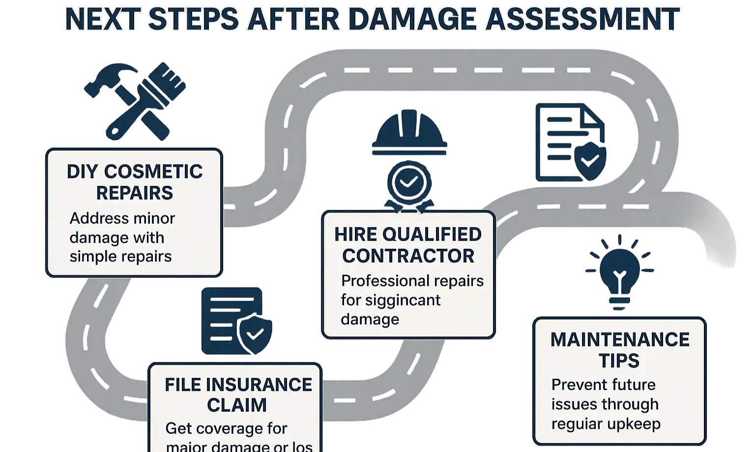Visual roadmap outlining repair steps for minor fixes and replacement steps for professional installation.