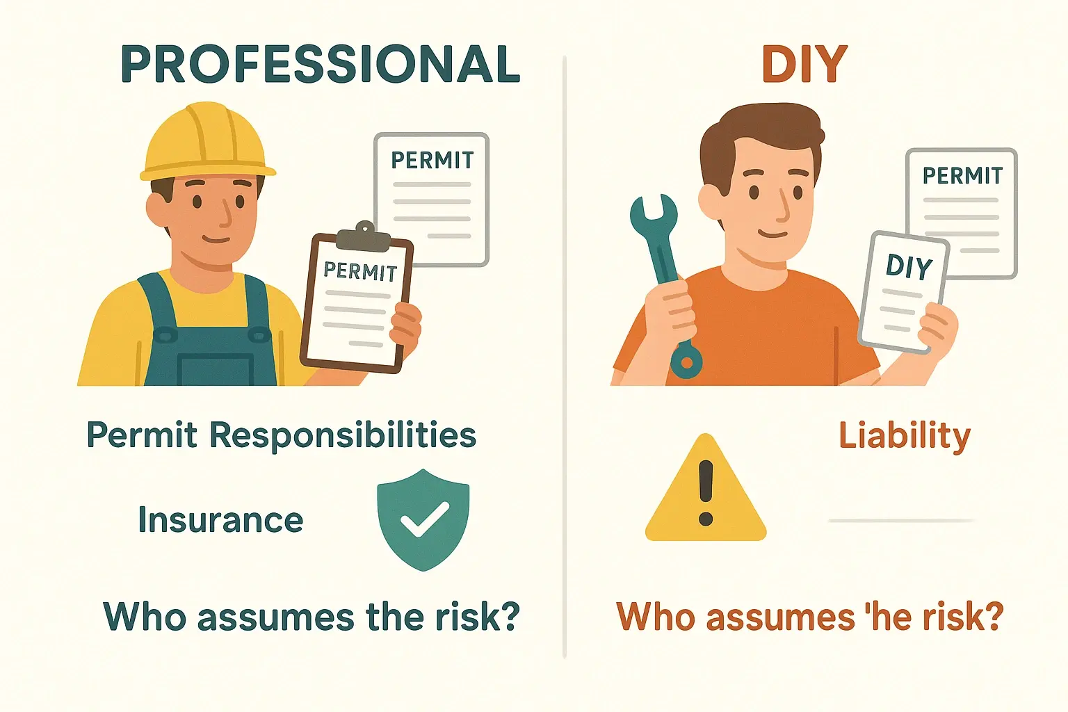 This visual clarifies the critical differences in permit handling and liability between hiring a professional garage door installer and doing a DIY installation, helping homeowners understand who is responsible for legal compliance and risk.
