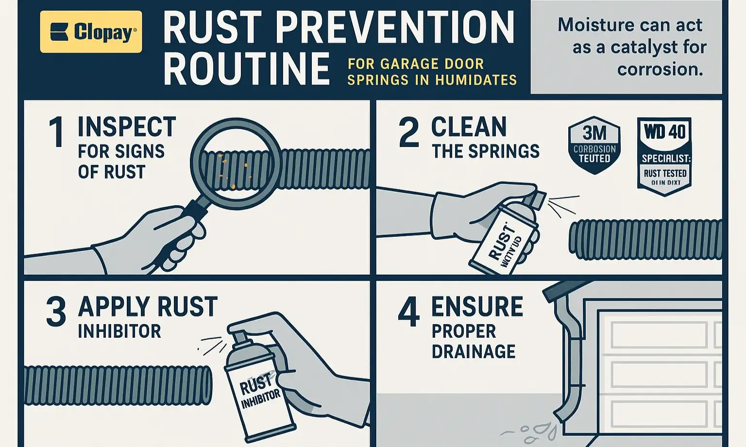 4-step rust prevention: wipe monthly, ensure airflow, apply lubricant, inspect for corrosion.