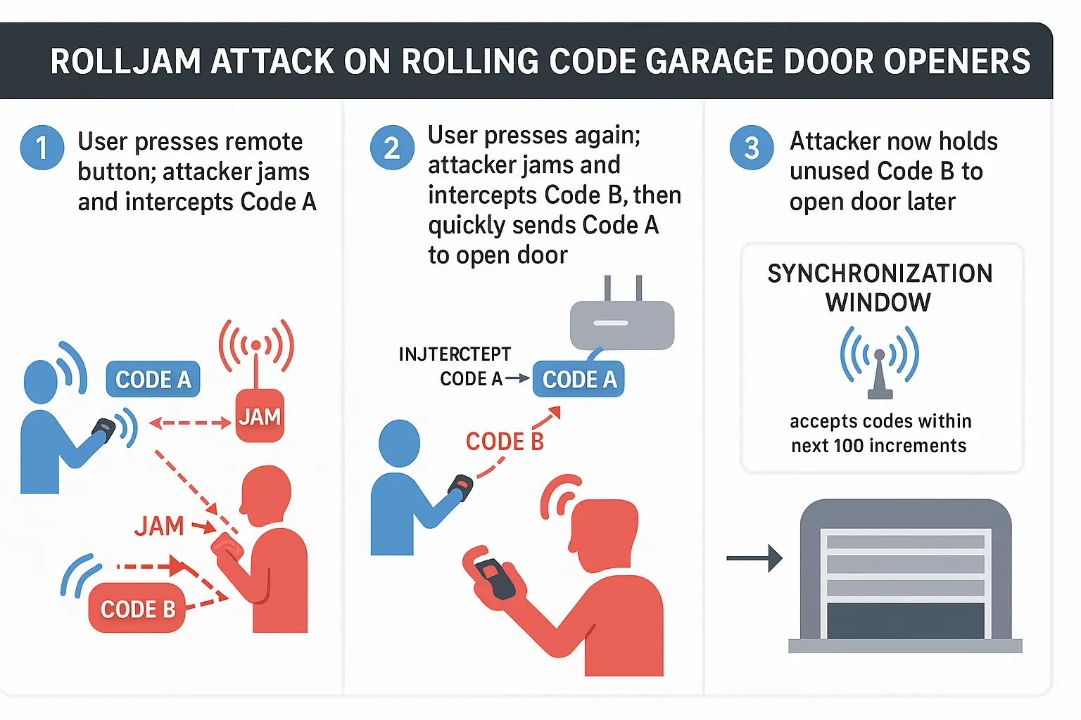 A three-panel diagram illustrating the RollJam attack: 1) User's signal is jammed and recorded. 2) User's second signal is jammed and recorded, while the first signal is sent to the door. 3) The attacker now possesses a valid, unused code.