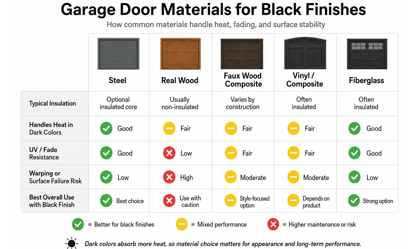 A step-by-step guide breaking down how each major garage door material handles heat absorption, fading, insulation properties, and risks like bowing or overlay failure—empowering buyers with clear material choices.