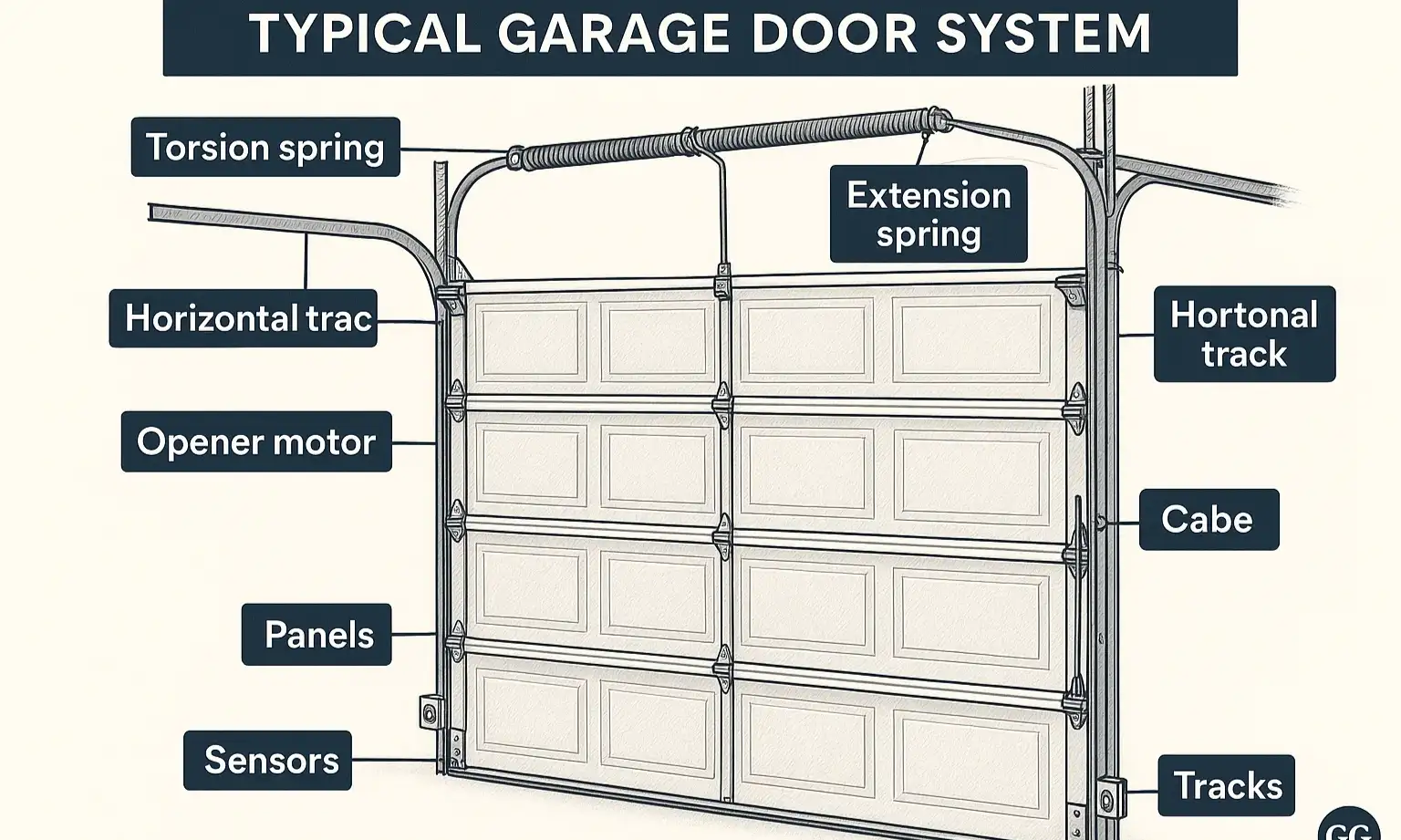 Labeled diagram of a residential garage door system showing springs, cables, rollers, tracks, panels, and the opener