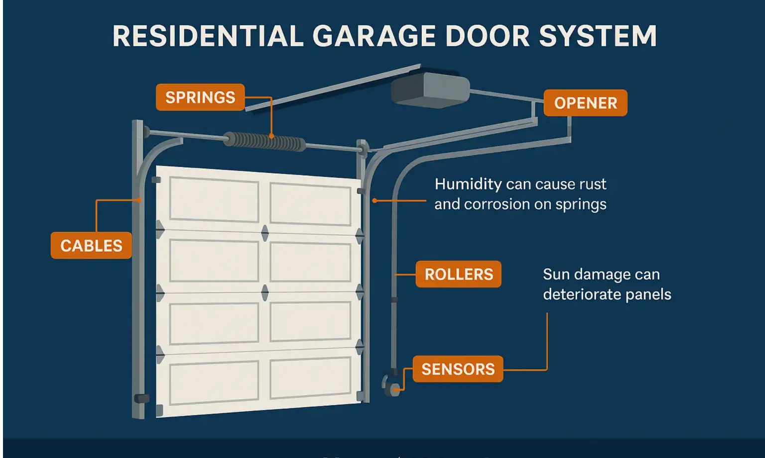 Diagram of a garage door system showing springs, cables, rollers, tracks, and opener, highlighting Houston climate impacts.