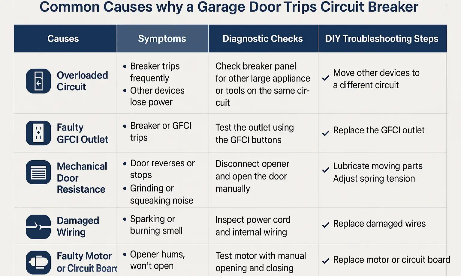 Comparison matrix of breaker trips: overloaded circuit, short circuit, and ground fault with causes and fixes.