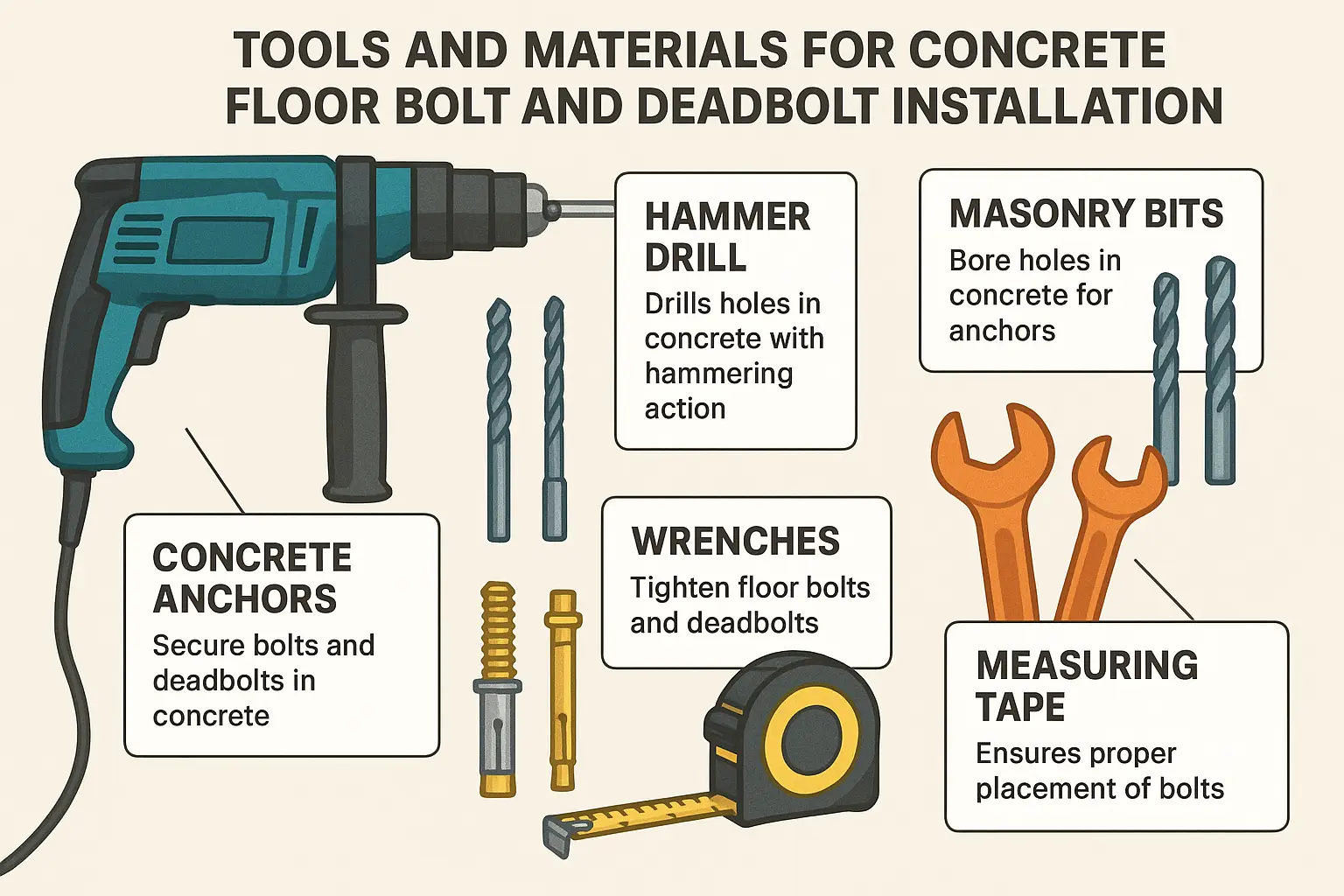 A cross-section diagram showing a garage door floor bolt correctly installed. The image illustrates the bolt extending from the door, through a floor plate, and securely set into a concrete sleeve anchor embedded in the concrete floor.