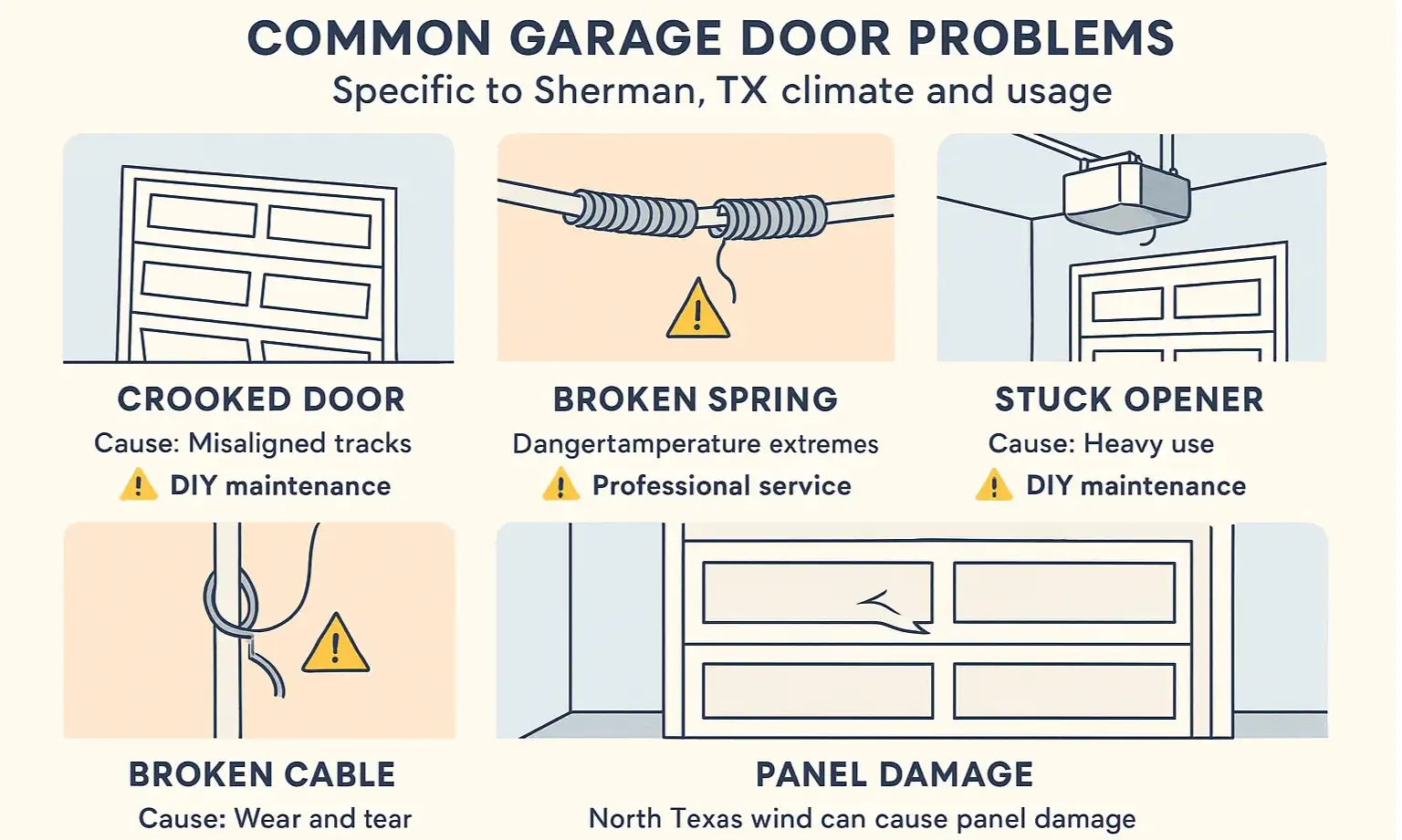Recognize key garage door issues in Sherman, TX with our visual symptom guide — know when to DIY and when to call a certified technician.