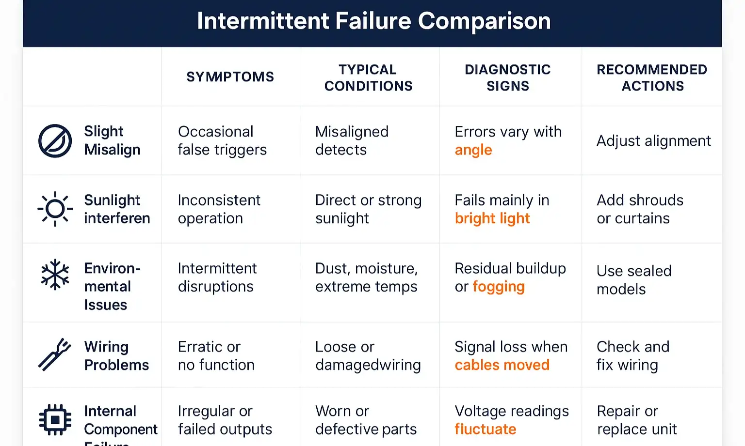 Table comparing causes, symptoms, and fixes for intermittent garage door sensor failures.