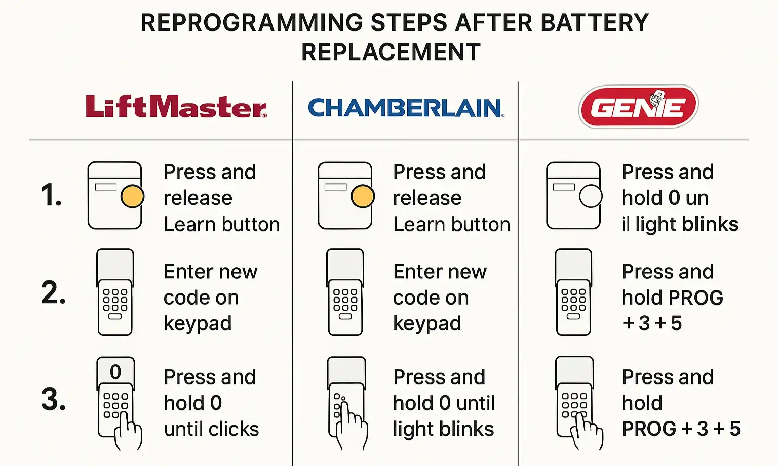 LiftMaster, Chamberlain, and Genie keypad programming steps