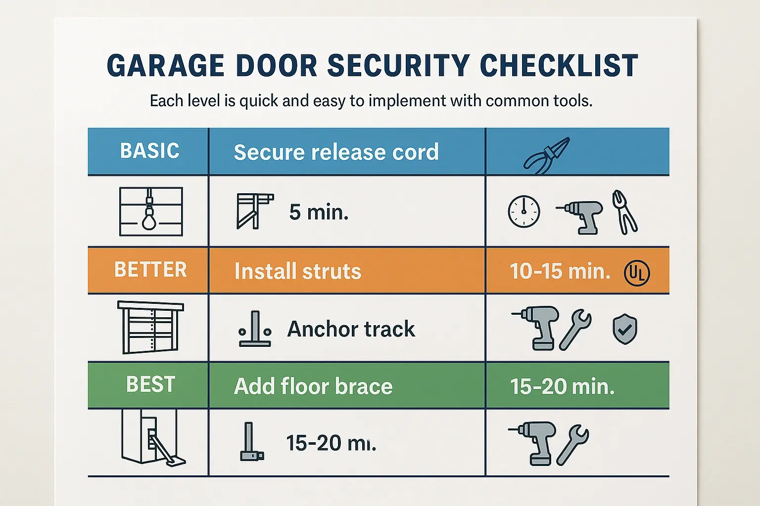 A diagram illustrating different levels of garage door security from basic locks to advanced reinforcement systems.