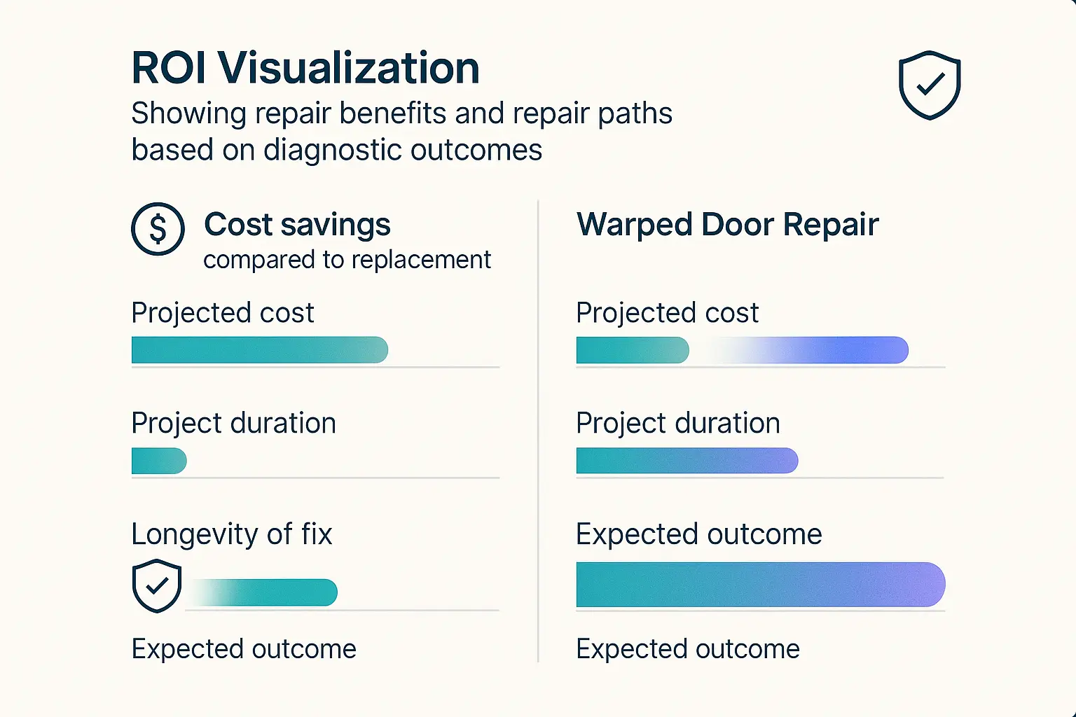 A comparison chart for door repair options. 'Hinge Repair' is listed as low cost, DIY-friendly, and a quick fix. 'Door Replacement' is listed as higher cost, often requiring professional installation, but is a permanent solution for warping.