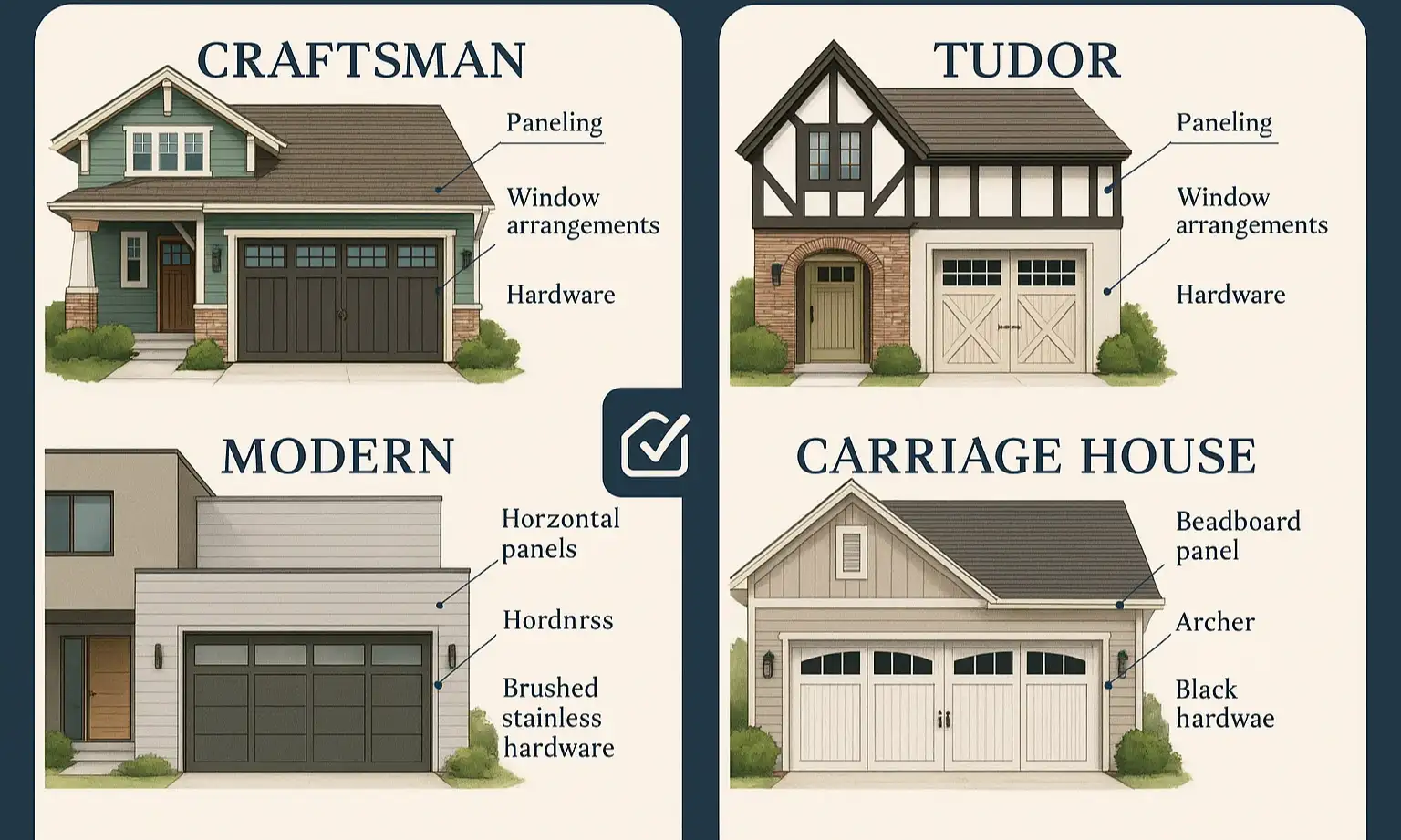 Side-hinged garage door styles matched to home architecture