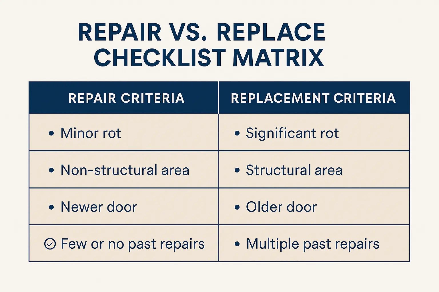 Visual Rot Diagnostic Chart: Identify the severity of water damage and rot on wooden garage door panels to make informed repair or replacement decisions.