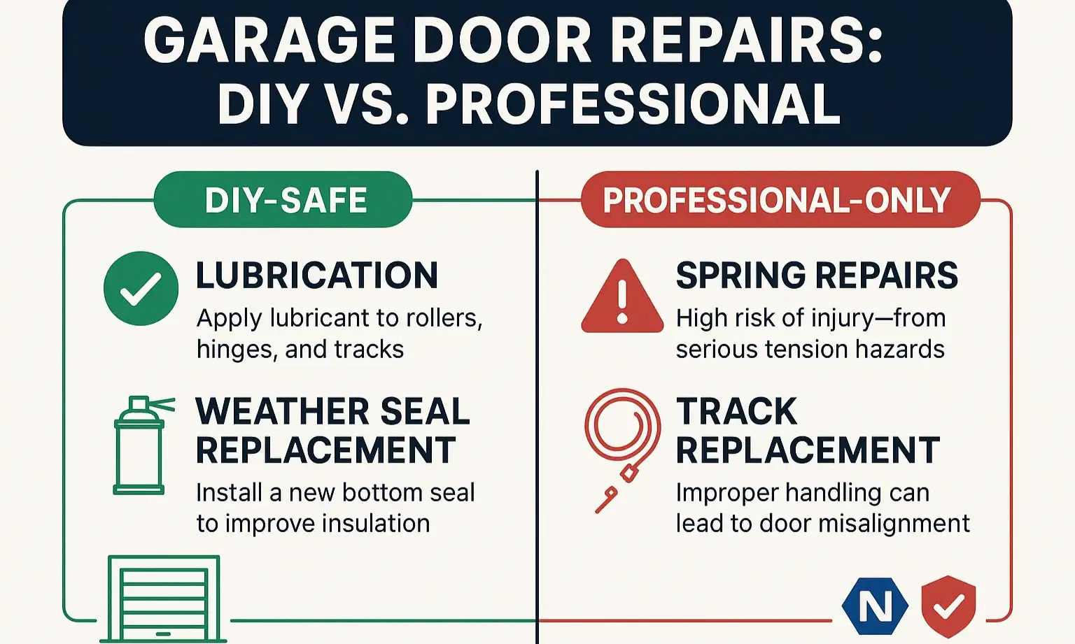 Safety infographic showing which garage door repairs are DIY-safe and when to call a trusted professional.