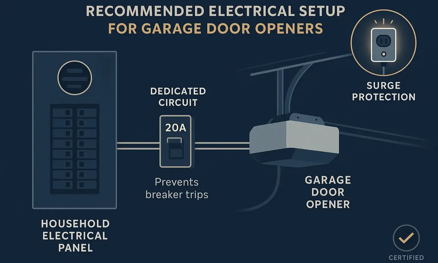 Diagram showing a garage door opener connected to a surge protector on a dedicated 20-amp GFCI circuit.