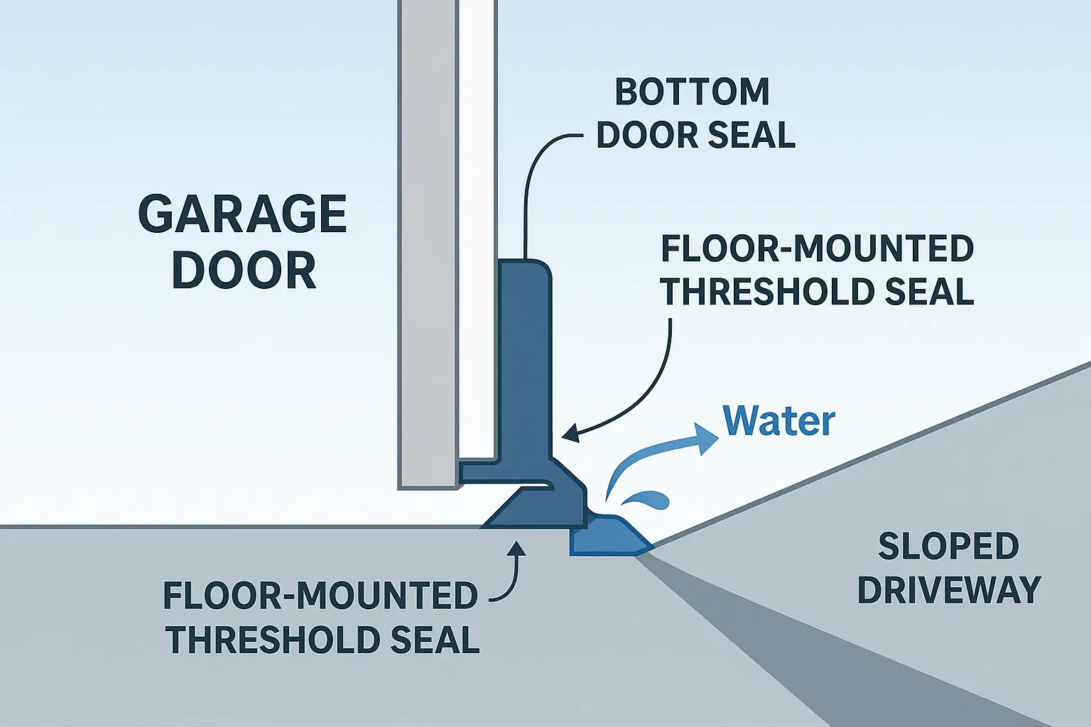A diagram illustrating how a bottom door seal and a floor-mounted threshold seal work together to block water on a sloped driveway.