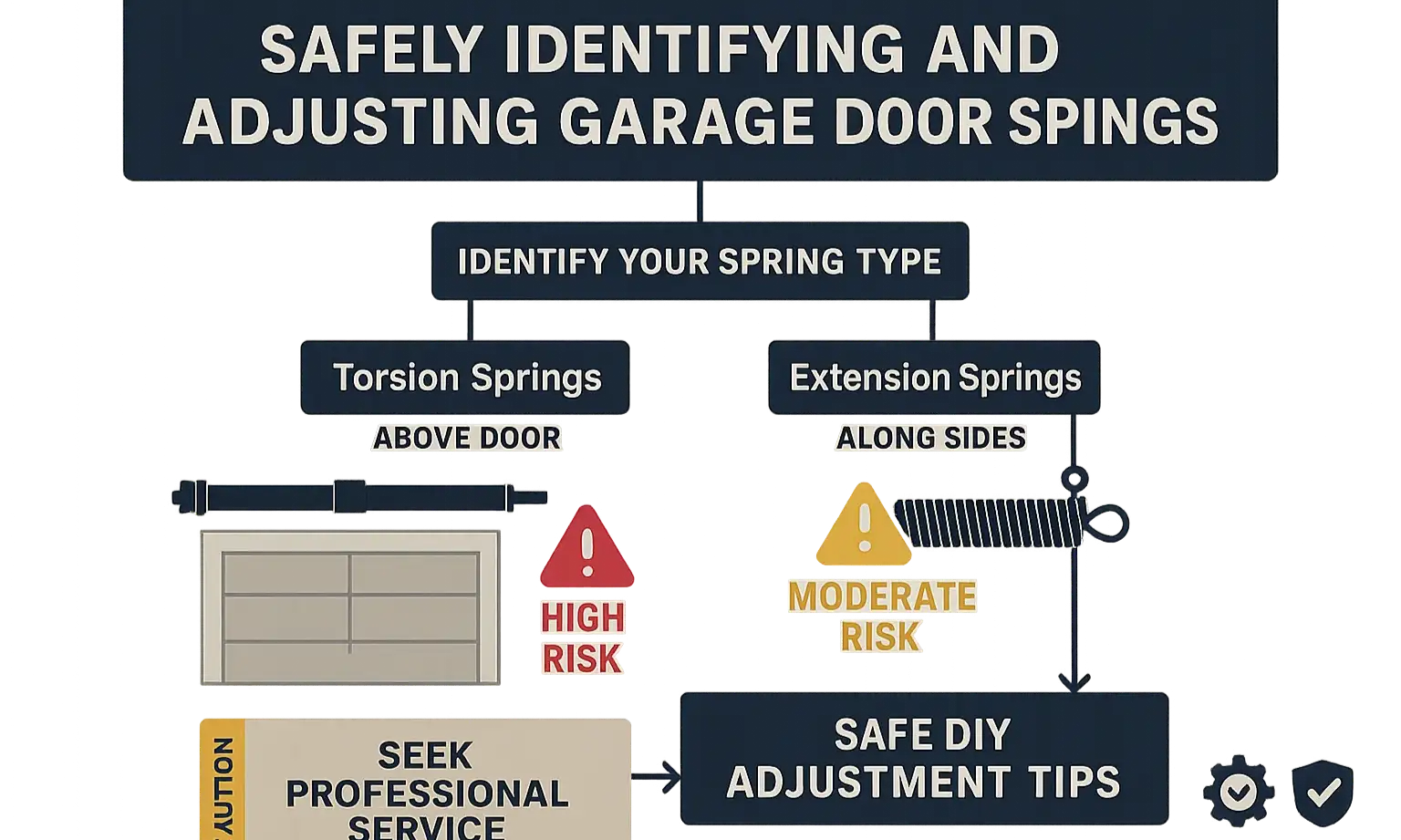 A clear visual comparison between a torsion spring system mounted above the door and an extension spring system running along the sides of the tracks.