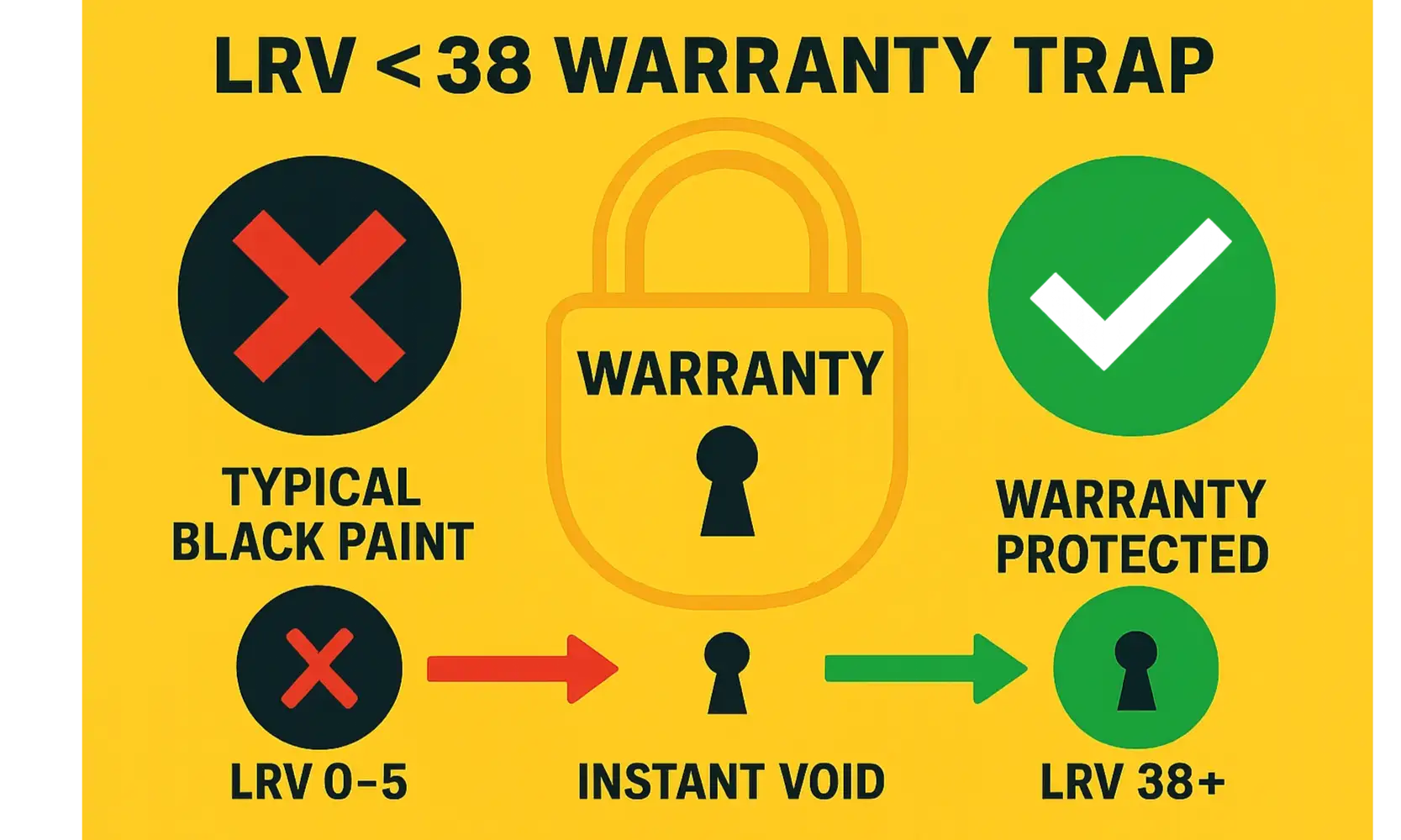 This image serves as a memorable reminder about the critical Light Reflective Value (LRV) threshold that affects garage door warranties, helping homeowners avoid costly mistakes when choosing or painting black doors.