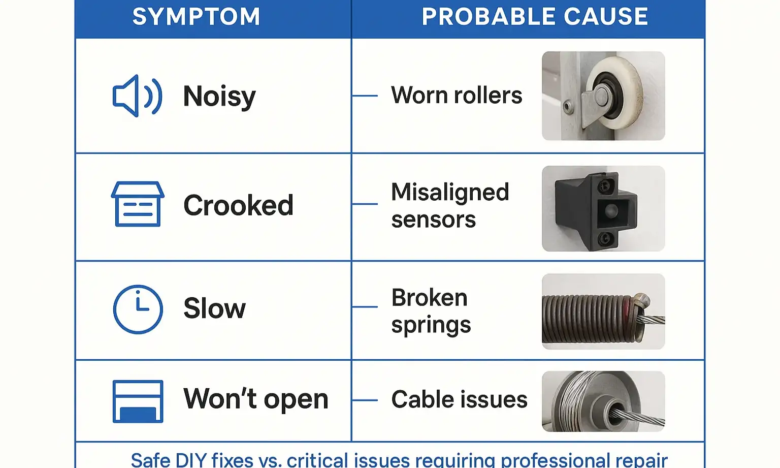 Compare symptoms and their likely causes at a glance to identify your garage door issue and decide when to DIY or call a professional technician.