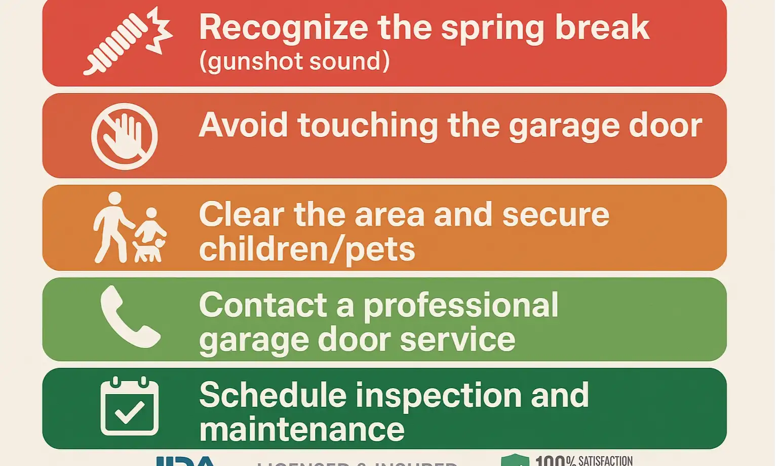 A three-step safety guide for a broken garage door spring: Step 1 - Do Not Touch, Step 2 - Clear the Area, Step 3 - Call a Professional.