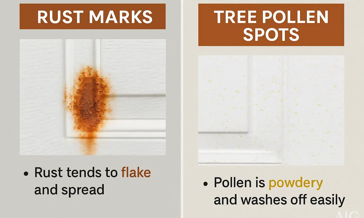 Side-by-side guide to quickly tell rust from pollen on garage doors and avoid unnecessary repairs.