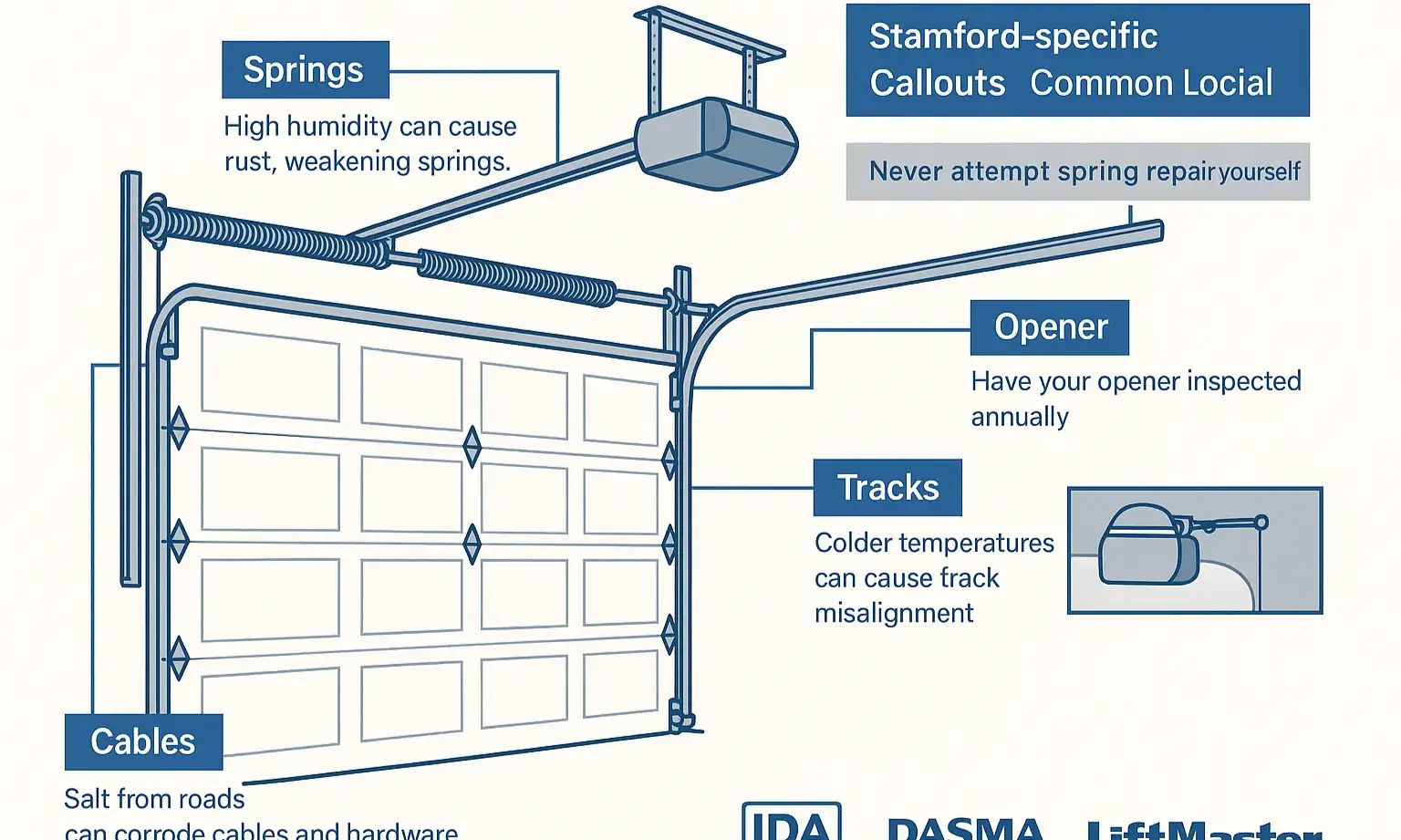 Technical diagram illustrating key garage door components and local CT factors reinforces expert knowledge and safety awareness.