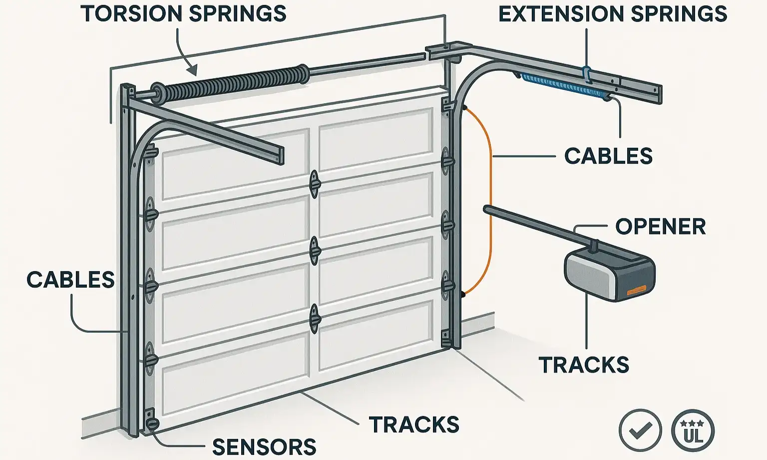 Labeled diagram of a residential garage door system showing springs, cables, rollers, tracks, hinges, panels, and opener.