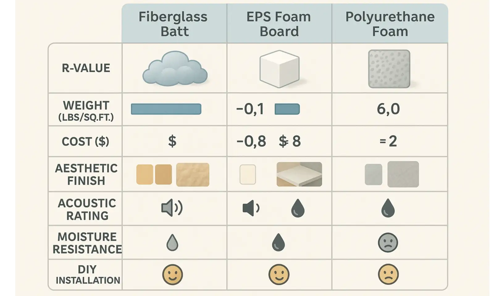 Garage door insulation head-to-head comparison chart