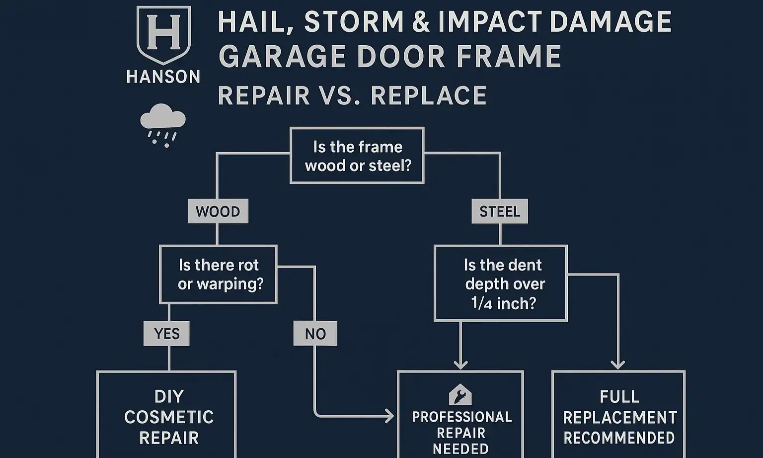 Flowchart assessing garage door frame material, damage type, and severity to decide on repair or replacement.